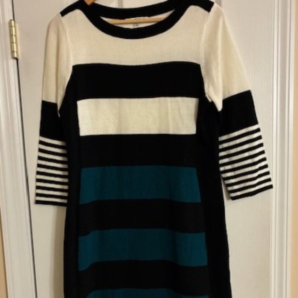 Studio One Women's Colorblock Green Black White Sweater Knit Dress Sz L Holiday